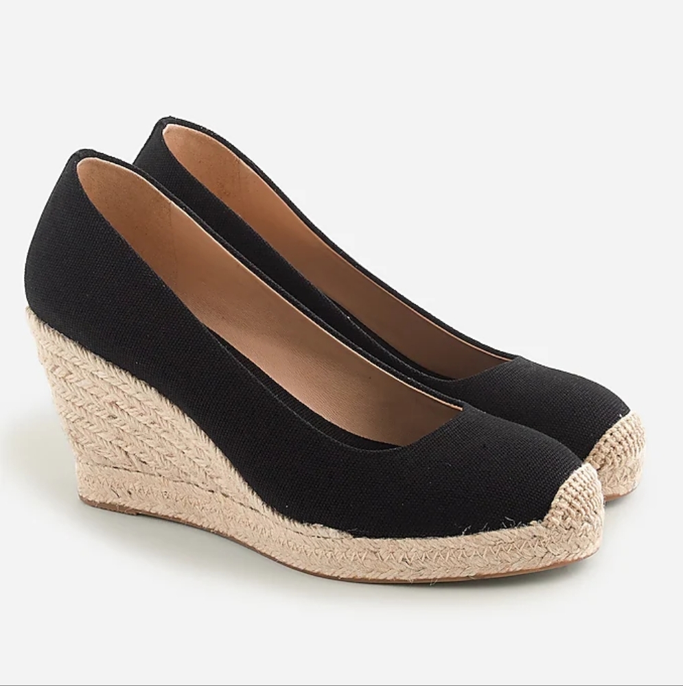 J. Crew Black Canvas Espadrille Wedge Pumps with Natural Jute
